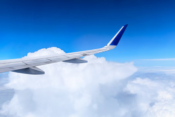 Airplane flying at high altitude and beautiful high-altitude clouds in spring
