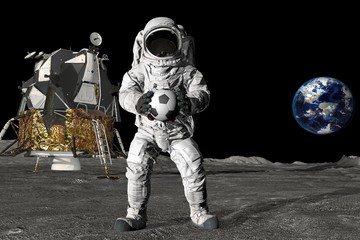 3d rendering Astronaut on the moon playing football. Slow motion. Elements of this video furnished...