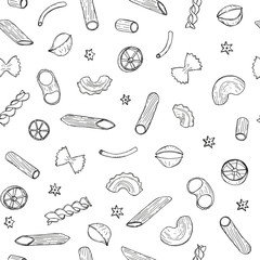 Hand drawn sketch illustration seamless pattern background with Pasta - Penne, Canneroni, Tortiglioni, Conchiglie, Gomiti, Fusilli, Maccheroni, Cannelloni, Farfalle, Stelline, Creste di Gallo isolated