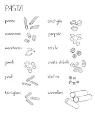 Hand drawn sketch infographics illustration of Pasta - Penne, Canneroni, Tortiglioni, Conchiglie, Gomiti, Fusilli, Maccheroni, Cannelloni, Farfalle, Stelline, Creste di Gallo isolated on white