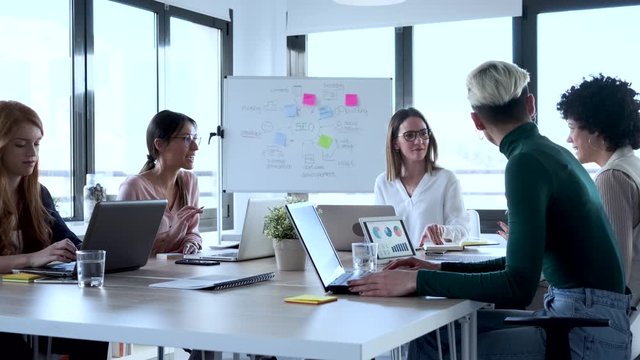 Slow motion shot of businesswomen during meeting in office