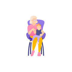 Grandchildren and grandmother together, flat vector illustration. Old aged woman takes care and fun the baby. An elderly gray-haired mother plays and hugs the toddler at isolated white background.