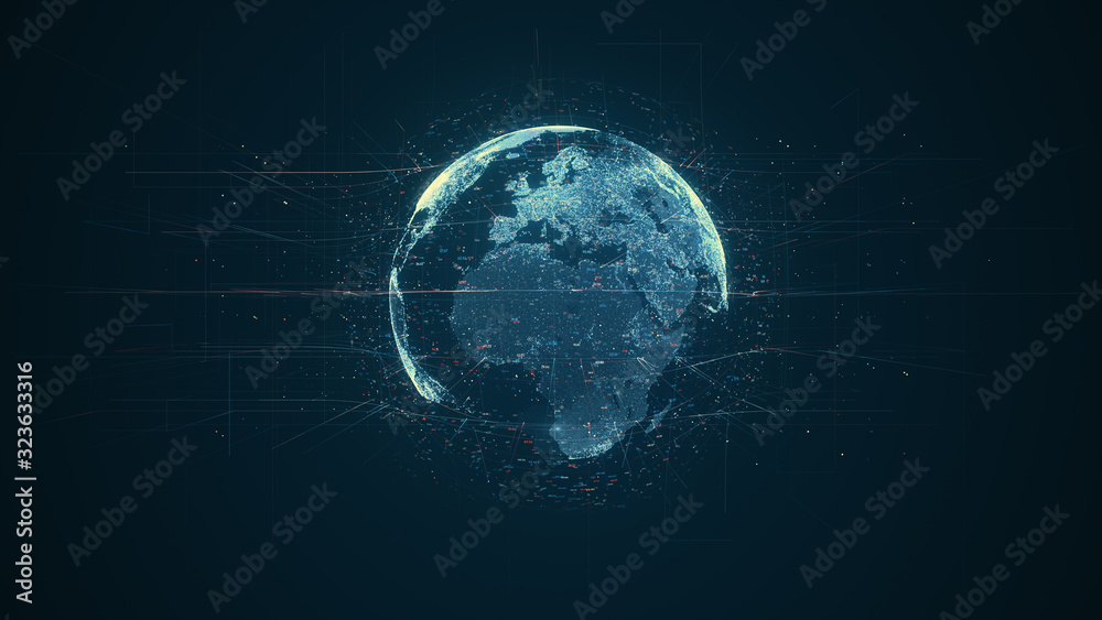 Leinwandbilder Digital data globe - abstract illustration of a scientific technology data network surrounding planet earth conveying connectivity, complexity and data flood of modern digital age