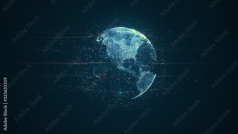 Fototapete Digital data globe - abstract illustration of a scientific technology data network surrounding planet earth conveying connectivity, complexity and data flood of modern digital age