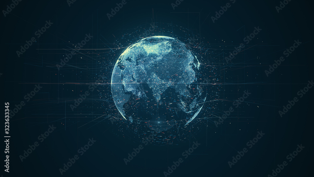 Fototapete Digital data globe - abstract illustration of a scientific technology data network surrounding planet earth conveying connectivity, complexity and data flood of modern digital age