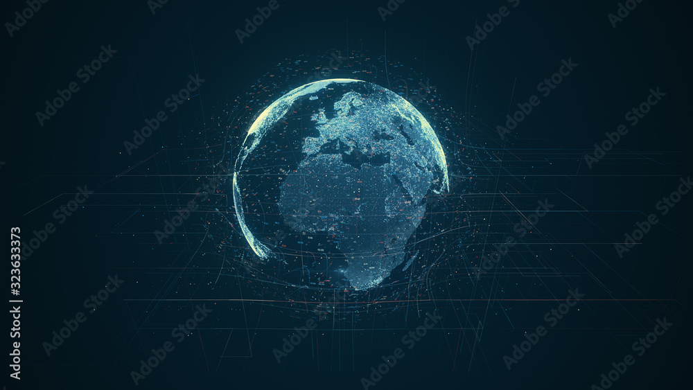 Leinwandbilder Digital data globe - abstract illustration of a scientific technology data network surrounding planet earth conveying connectivity, complexity and data flood of modern digital age