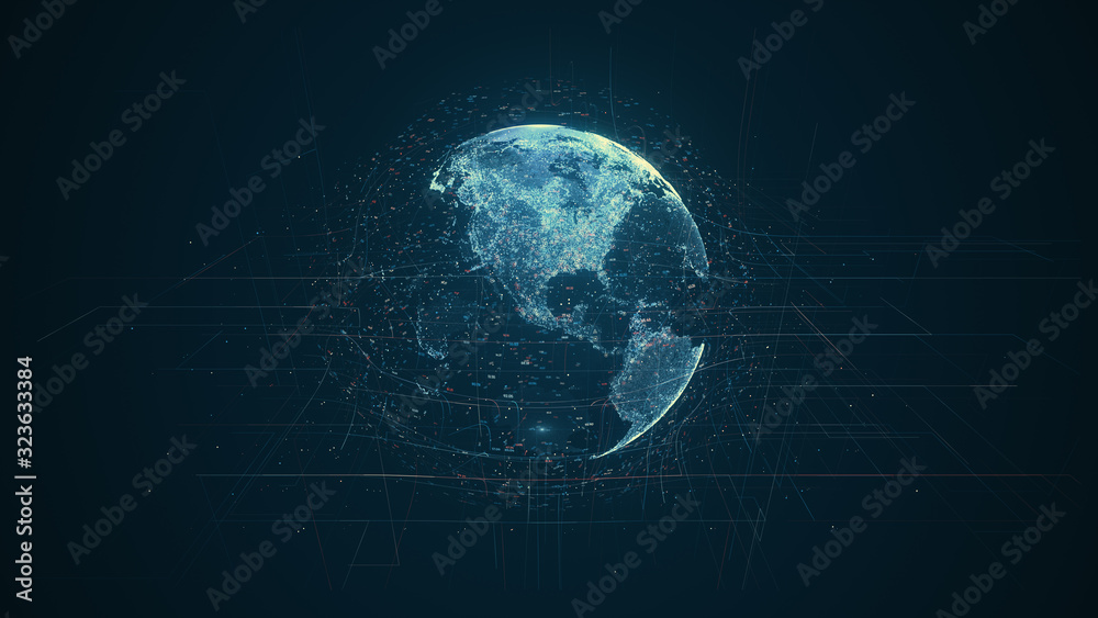 Poster Digital data globe - abstract illustration of a scientific technology data network surrounding planet earth conveying connectivity, complexity and data flood of modern digital age