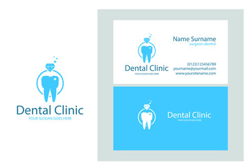 Blue round logo with tooth and business card design template for dental clinic, dentist.