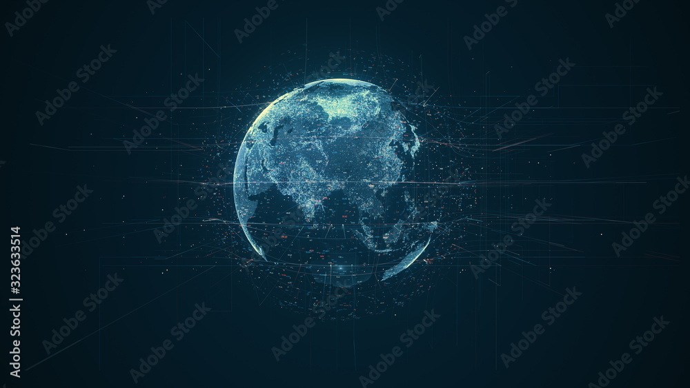 Fototapete Digital data globe - abstract illustration of a scientific technology data network surrounding planet earth conveying connectivity, complexity and data flood of modern digital age