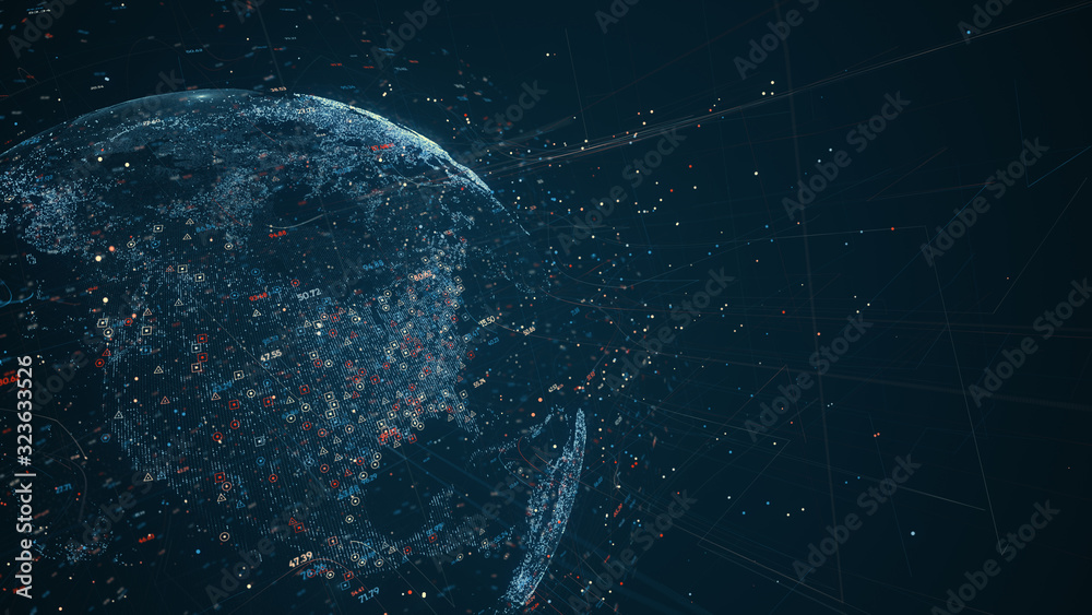 Fototapete Digital data globe - abstract illustration of a scientific technology data network surrounding planet earth conveying connectivity, complexity and data flood of modern digital age