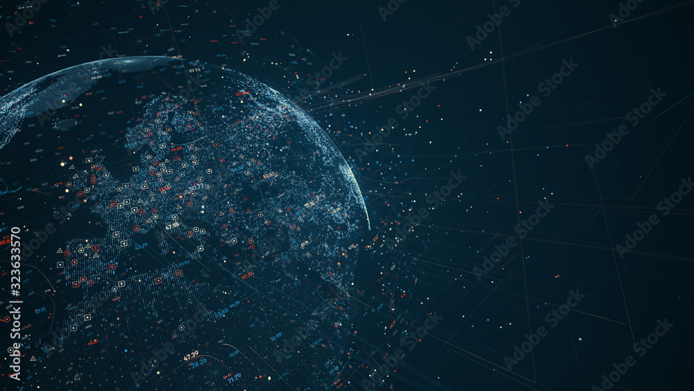 Poster Digital data globe - abstract illustration of a scientific technology data network surrounding planet earth conveying connectivity, complexity and data flood of modern digital age