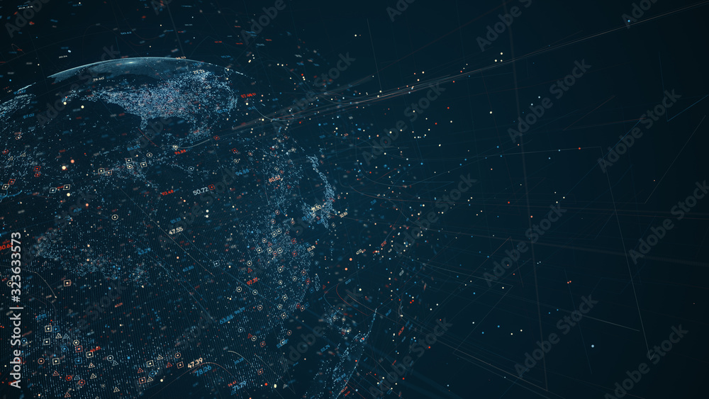 Fototapete Digital data globe - abstract illustration of a scientific technology data network surrounding planet earth conveying connectivity, complexity and data flood of modern digital age