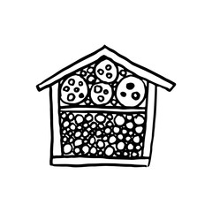 Bee hotel insect butterfly bug house, wooden object produced to mimic the solitary bees natural breeding nests. Doodle by hand black white background. Applicable for Banners Poster. Vector © EkaterinaP