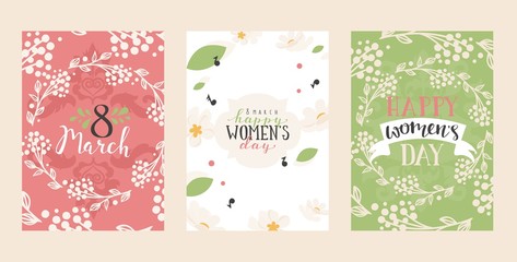 Set of abstract floral banners, greeting card template, vector illustration. Happy womens day, birthday or wedding card, event invitation. Romantic botanical background, spring flowers for womens day