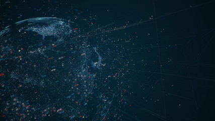 Digital data globe - abstract illustration of a scientific technology data network surrounding planet earth conveying connectivity, complexity and data flood of modern digital age