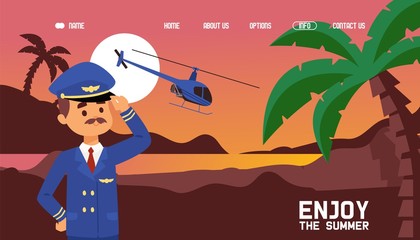 Luxury helicopter transportation service, pilot cartoon character, vector illustration. Summer vacation trip to tropical island, travel agency website design. Charter helicopter flight, luxury trip © Vectorvstocker