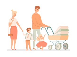 Large family. Parents and children. Happy mother, father and baby, son and daughter. Parenthood vector illustration. Mother and parenthood, together family