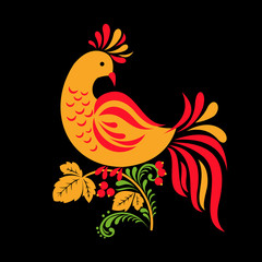 Traditional Russian ornament of Hohloma bird on black background.