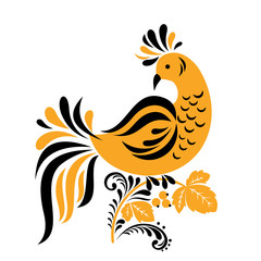 Traditional Russian ornament of Hohloma bird on branch isolated on white background.