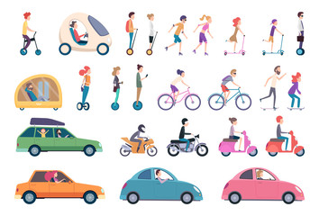 City transport. People driving cars scooter bike hoverboard segway urban activity people lifestyle vector set. Urban active, drive and scooter, ride transportation illustration - obrazy, fototapety, plakaty