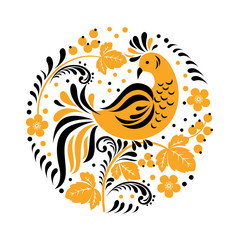 Traditional Russian ornament of Hohloma bird on branch isolated on white background.