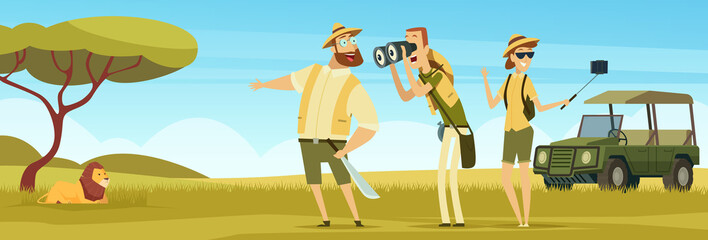 Safari background. Outdoor african landscape with wild animals and travellers in car vector kenya safari. illustration wild africa animal and tour © ONYXprj