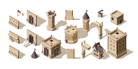 Castles isometric. Medieval buildings brick wall for low poly game asset old fort vector set. Architecture castle, old ancient building medieval. © ONYXprj