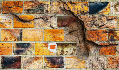 Beautiful aged textures of brick walls at old building ruins
