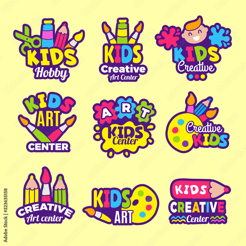 Sticker creativity kids logo. craft emblems or badges children paintings art class drawing vector symbols. a