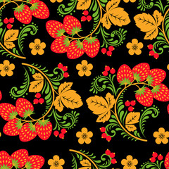 Khokhloma seamless pattern with berries and leaves on black background.