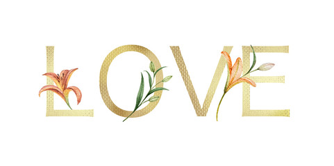 Gold vector inscription with the word love and flowers. 