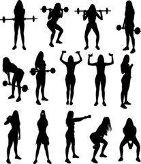Silhouette set of gym fitness weight lifting exercises young attractive woman. Vector illustration. 