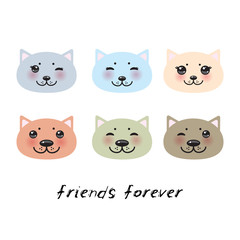 Friends forever. funny Kawaii cat face with pink cheeks, pastel colors blue pink lilac isolated on white background. Can be used for greeting card design, frame for your text. Vector