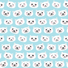 Seamless pattern funny Kawaii white cat face with pink cheeks, pastel colors blue background. Can be used for greeting card design, Gift wrap, fabrics, wallpapers. Vector