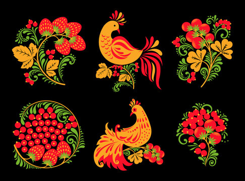 Set of traditional Russian Hohloma ornament with birds and berries on black background.