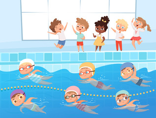 Swimming competition. Kids water sport swimming race in pool vector cartoon background. Illustration swim competitive and recreation, competition swimmer illustration
