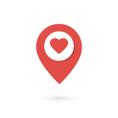 Red location pin icon with heart shape. Position marker isolated on white background. Pin map design element. Location symbol. Vector illustration