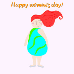 Women's History Month. Beautiful young girl with long red hair in a blue dress. Simple flat design. Greeting card.