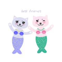 Best friends. fantasy cat mermaid funny Kawaii face with pink cheeks, green lilac blue isolated on white background. Can be used for greeting card design, frame for your text, copy space. Vector
