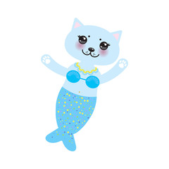 fantasy cat mermaid funny Kawaii face with pink cheeks, pastel colors blue pink isolated on white background. Can be used for greeting card design, frame for your text, copy space. Vector