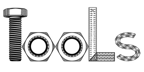 tools, t,o,l,s, letters in zenart style, bolt, female screw, ruler, chain, black and white drowing