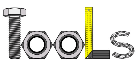 tools, t,o,l,s, letters, bolt, female screw, ruler, chain, colorful drawing