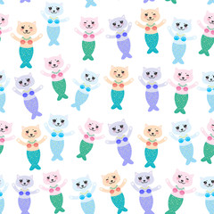 Seamless pattern fantasy cat mermaid funny Kawaii face with pink cheeks, pastel colors white blue pink lilac background. Can be used for greeting card design, Gift wrap, fabrics, wallpapers. Vector