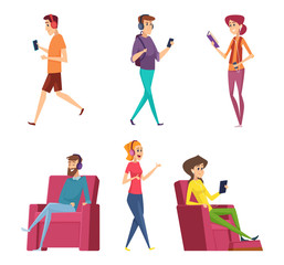 Fototapeta na wymiar Listening headset music. Characters male and female relaxing on sofa or couch happy persons laying vector cartoon people. Headset listen and relax, enjoy listening headphones illustration