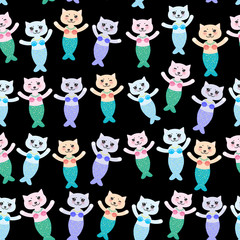Obraz premium Seamless pattern fantasy cat mermaid funny Kawaii face with pink cheeks, pastel colors blue pink lilac on black background. Can be used for greeting card design, Gift wrap, fabrics, wallpapers. Vector