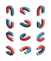 Magnet isometric. Iron items with magnetism connection symbols vector collection set. Illustration magnet and magnetize metal