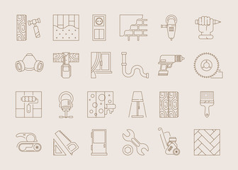 Interior design icon. Flooring installing curtain swatches lighting items measuring window vector decor set. Construction equipment, window renovation, tool work illustration