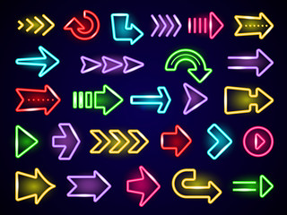 Glow neon arrows. Light direction arrows retro outside street advertizing elements vector neon realistic. Arrow light neon electric, bright electricity glowing sign illustration