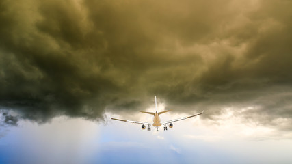 High-altitude airplane and beautiful sky at dusk