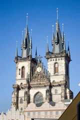 Fototapeta na wymiar Beautiful medieval church - Church of Mother of God before Tyn, is a gothic church and a dominant feature of the Old Town of Prague, Czech Republic. Landmark of Old town.